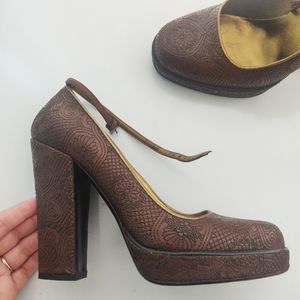 Prada Brown Leather Embroidered Pumps With Ankle Strap, Size 39